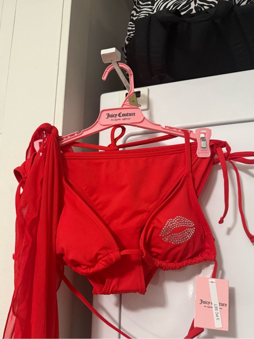 NWT Juicy Couture Rhinestone Lips Red Bikini & Mesh Bottom Wrap Set 💋